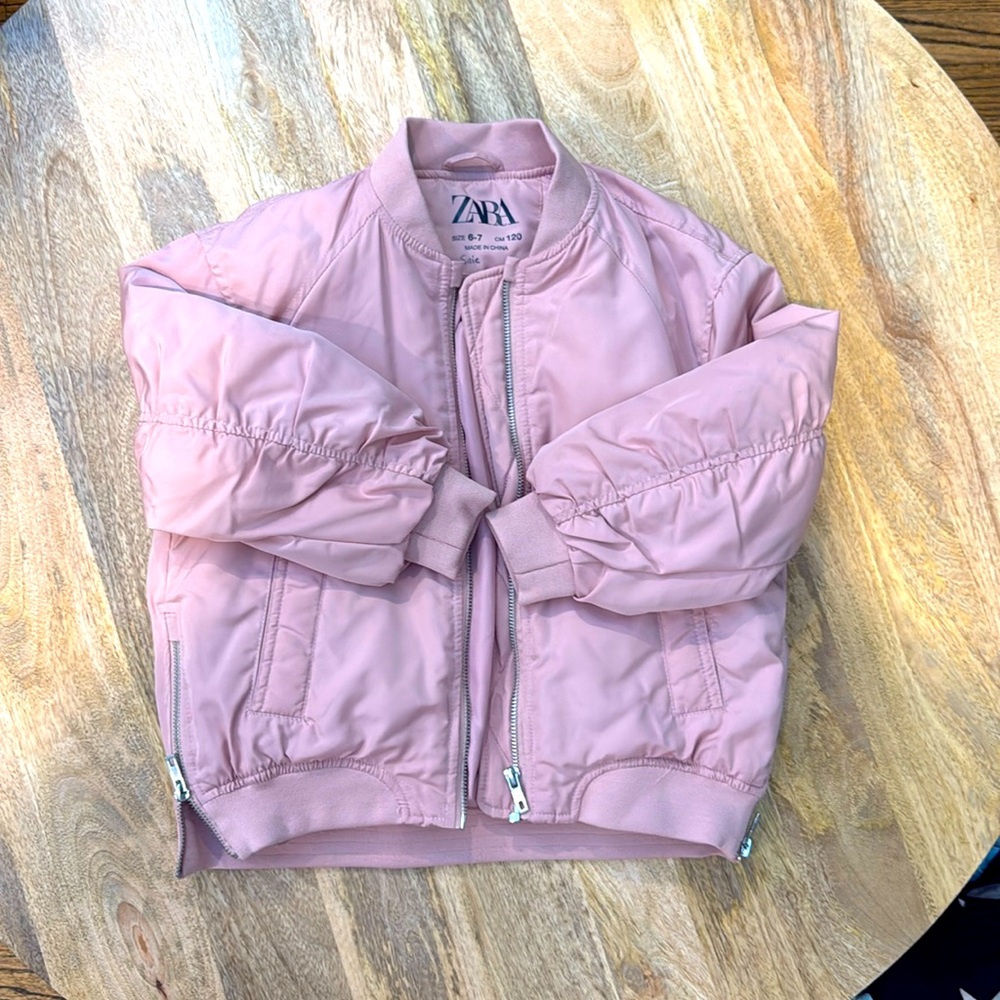 Zara Girls Pink Nylon Ruched Bomber Jacket - Size 6-7